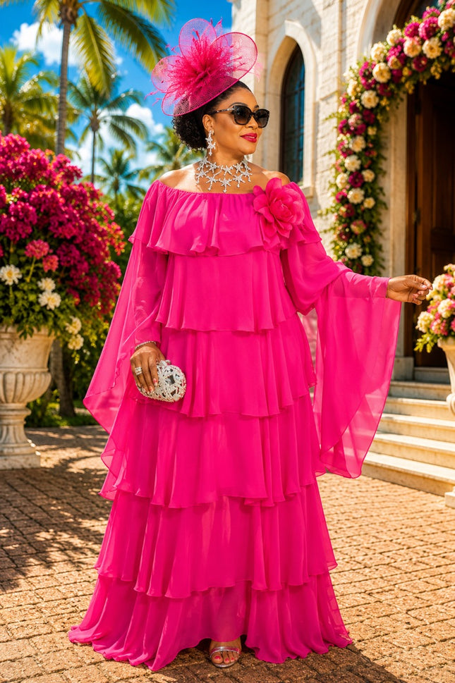 Pink Off-The-Shoulder Tiered Flower Flare Chiffon Maxi Dress for Wedding Guest Church Mother of The Bride Formal Evening Gown