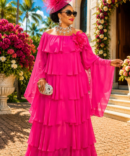 Pink Off-The-Shoulder Tiered Flower Flare Chiffon Maxi Dress for Wedding Guest Church Mother of The Bride Formal Evening Gown