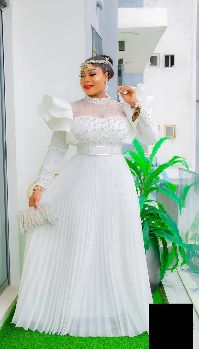 White Ruffle Sleeve Embellished Maxi Gown