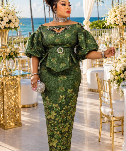 Purple Brocade Off-The-Shoulder Rhinestone Peplum Top & Skirt Set  - Wedding Guest Birthday Celebrant Cocktail Reception Mother of The Bride Outfit
