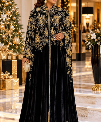 Luxury Black & Gold Beaded Embroidery Velvet Kaftan Cape Dress 2-Piece Set for Holiday Cocktail Party Wedding Guest Birthday Dinner Church Gala Formal Caftan Gown Plus Size