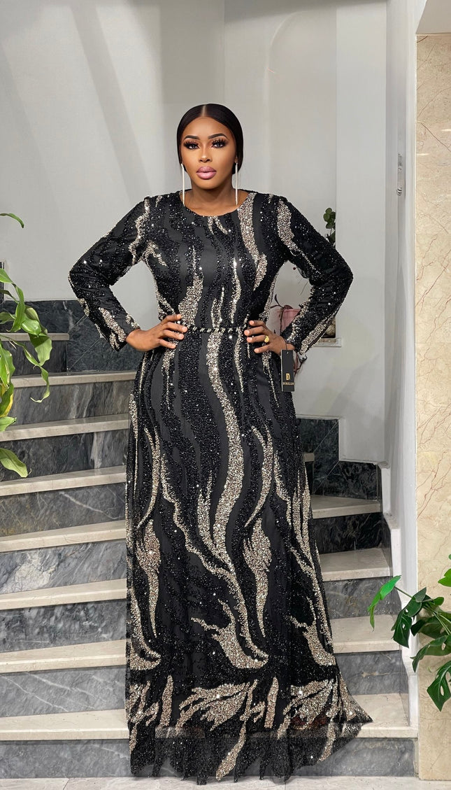 Plus Size Gold Beaded Wedding Guest Dress, Mother of The Bride Maxi Gown, Party Evening Wear Fashion Anniversary Birthday Gala Dinner Cocktail