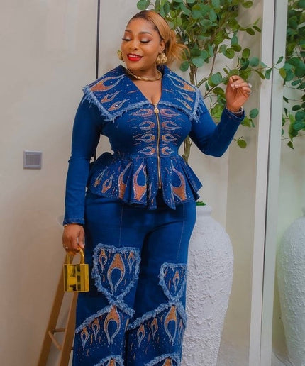 Denim on Denim 2-Piece Outfit Set Rhinestones Stretch Curvy Jeans