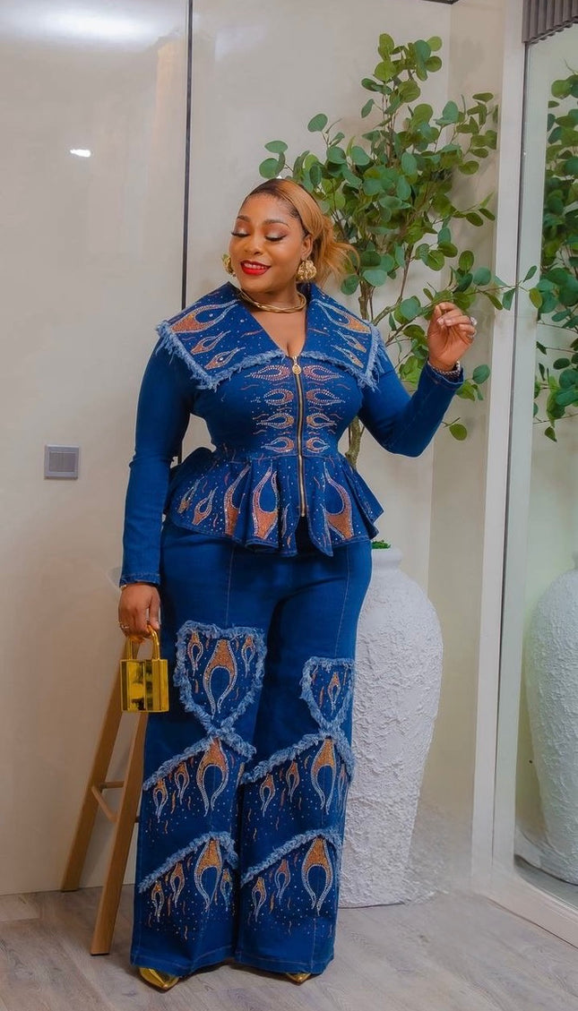 Denim & Diamond 2-Piece Set – Luxury Embellished Top & Wide-Leg Pants for Plus Size Women, Birthday Party Outfit Ladies Night Dinner