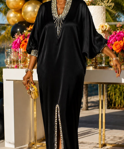 Falling For This Orange Rhinestone-Embellished Kaftan Maxi Dress Bubu