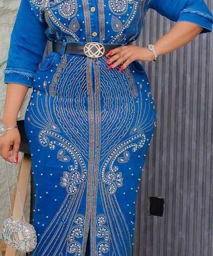 Denim on Denim Embellished Shirt and Skirt Party Outfit, Matching 2 Piece Set, Cotton Stretch Jeans Hot Gyal Curvy Fashion Birthday Ladies Night Date Dance Concert Casual Wear