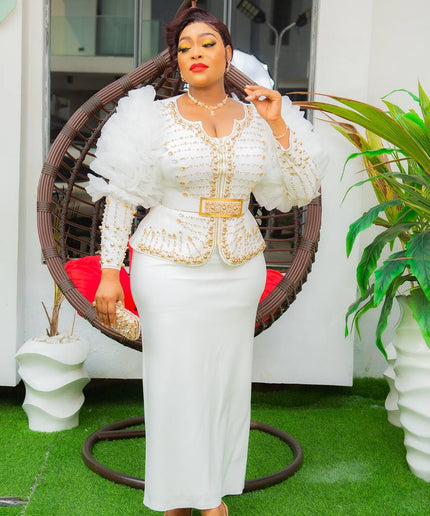 Dramatic Ruffle Sleeve Blouse Skirt Embellished Set