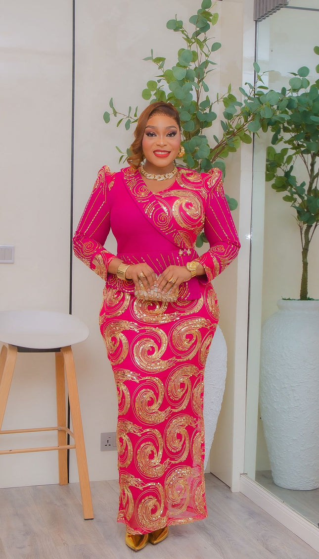 Pink Sequin Embellished Peplum Maxi Dress: Wedding Guest Birthday Party Mother of The Bride