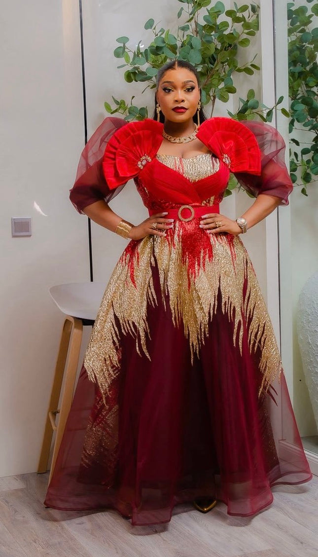 Dramatic Red Metallic Brocade Embellished A-Line Gown - Mother of The Bride Dinner Birthday Photoshoot Wedding Guest