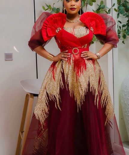 Dramatic Red Metallic Brocade Embellished A-Line Gown - Mother of The Bride Dinner Birthday Photoshoot Wedding Guest