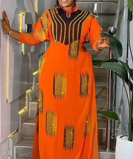 Sparkly Orange Embellished Mandarin Collar Kaftan Maxi Dress for Summer Wedding Guest Formal Evening Attire