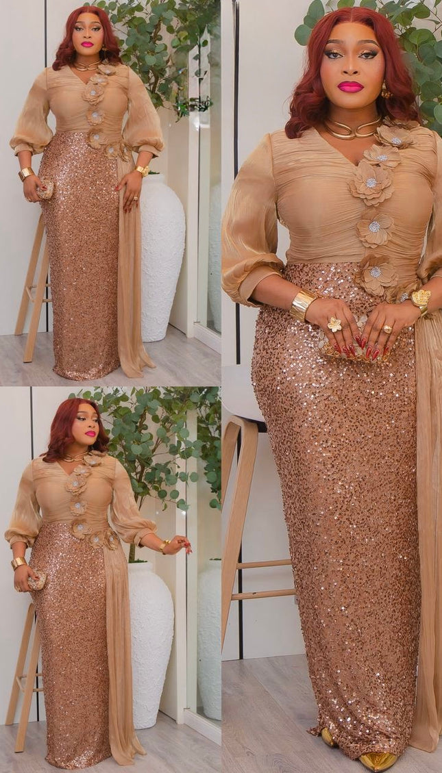 Gold Sequin Embellished Draped Maxi Dress: Wedding Mother of The Bride Cocktail Birthday Party