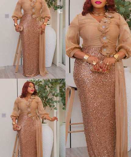 Gold Sequin Embellished Draped Maxi Dress: Wedding Mother of The Bride Cocktail Birthday Party
