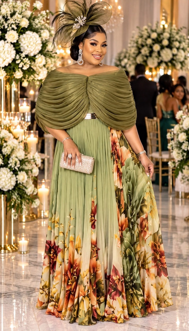 Burgundy Off-The-Shoulder Floral Pleated Maxi Dress for Wedding Guest Mother of The Bride Church Dinner