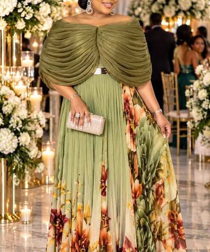 Burgundy Off-The-Shoulder Floral Pleated Maxi Dress for Wedding Guest Mother of The Bride Church Dinner