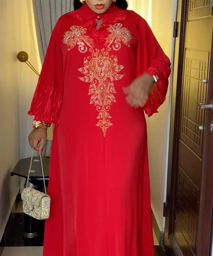 Women's Kaftan Maxi Dress with Rhinestones Ruffle Sleeves Curvy Plus Size African Party Fashion | Baby Shower Birthday Weekend Wear Wedding Guest Reception