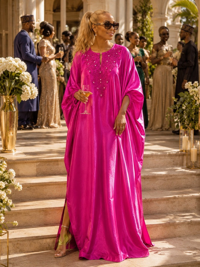 Pink Beaded Embroidery Kaftan Maxi Dress, African Bubu Gown Wedding Guest Attire Engagement Ceremony Celebrant Birthday Party Mother of The Groom