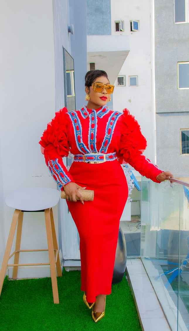 Ruffle Denim Embellished Blouse and Skirt 2 Piece Set - Wedding Guest Outfit Mother of The Bride Attire Bridal Dinner Birthday Photoshoot Party Reception