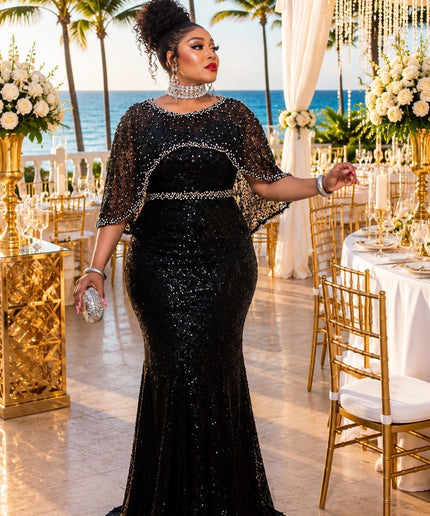 Dressed To Dazzle Brown Sequin Embellished Cape Formal Evening Gown for Bridal Photoshoot Cocktail Reception Wedding Guest Mother of The Bride Celebrant Birthday Party