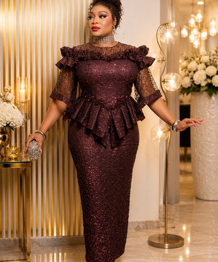 Standout Purple Sequin Embellished Ruffle Peplum Top & Skirt Set for Mother of The Bride Wedding Guest Celebrant Birthday Party Cocktail Reception Church Anniversary