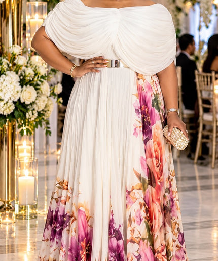 Burgundy Off-The-Shoulder Floral Pleated Maxi Dress for Wedding Guest Mother of The Bride Church Dinner