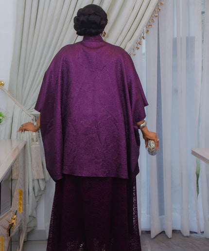 Luxury Purple Kaftan Wrap Top & Chantilly Lace Maxi Skirt Set for Wedding Guest Mother of The Bride Birthday Dinner Cocktail Party Church Gala Anniversary Photoshoot Outfit Rich Auntie Boubou