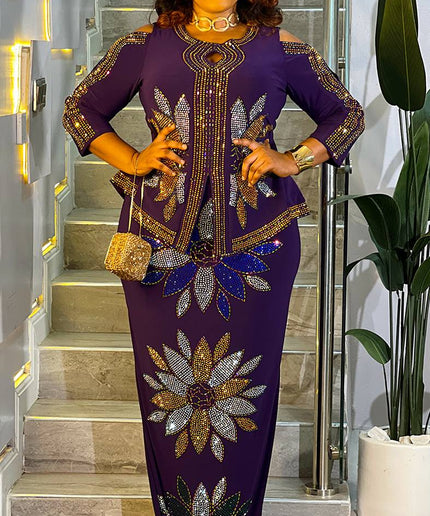 White Rhinestone Embellished Cold Shoulder Peplum Maxi Dress for Engagement Cocktail Party Reception Mother of The Bride Wedding Birthday Photoshoot