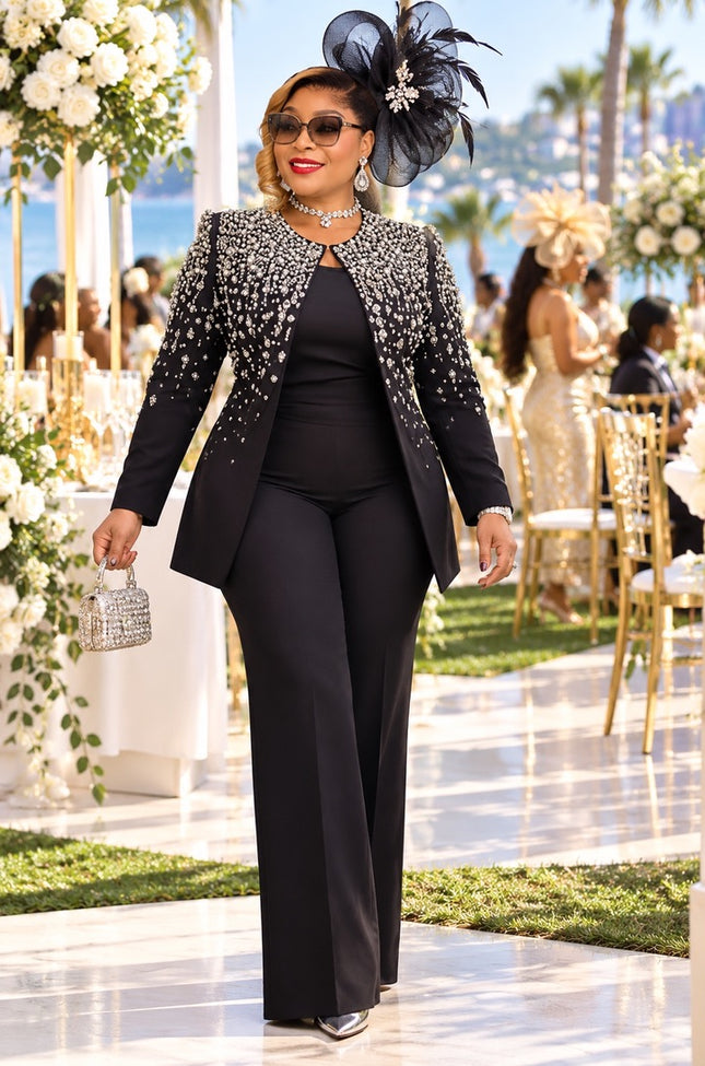 Elegant Brown Rhinestone Embellished 2-Piece Jacket & Wide-Leg Pants Suit: Formal Wedding Guest Holiday Cocktail Party Church Reception Anniversary Mother of The Bride