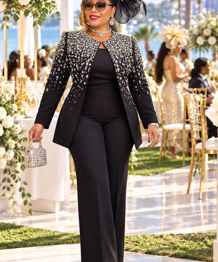 Classy White Rhinestone Embellished Suit 3-Piece Wide-Leg Pant Set, Jacket Pants Camisole: Formal Wedding Guest Holiday Cocktail Party Church Reception Anniversary Mother of The Bride