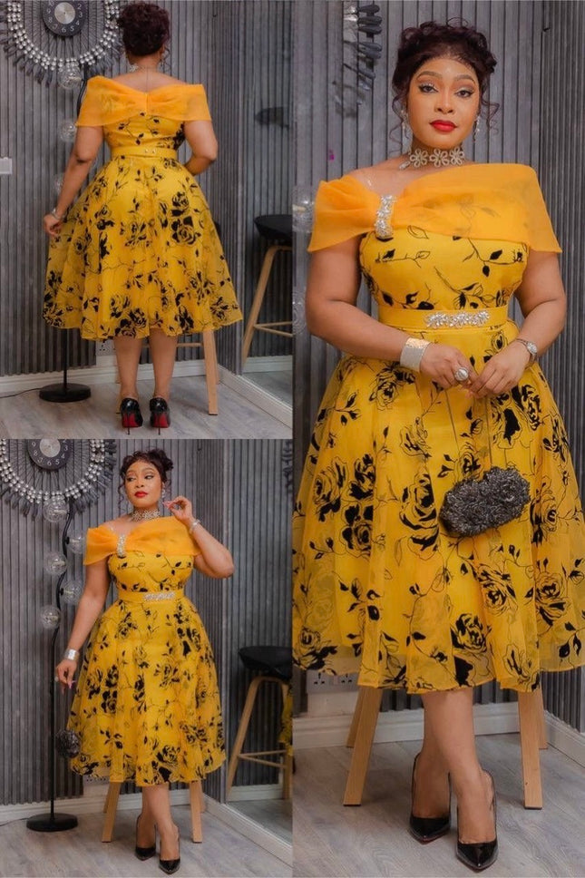 Yellow Off-Shoulder Embellished Twirl Skater Midi Dress Wedding Reception Cocktail Party Birthday Easter Outfit