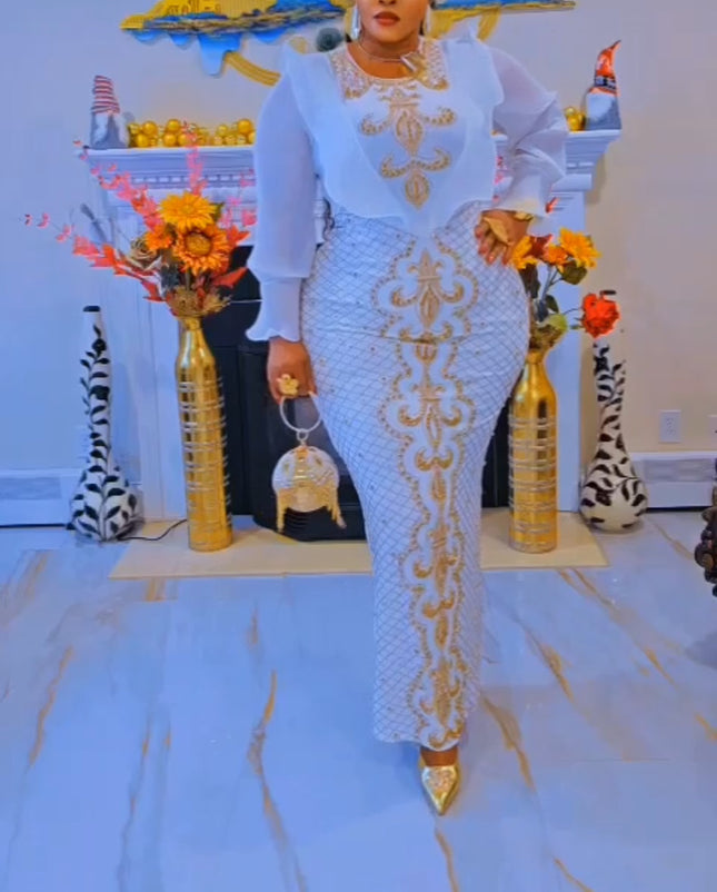 White and Gold Beaded Ruffle Maxi Dress for Engagement Party Wedding Guest Birthday Photoshoot