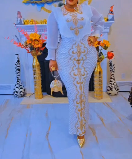 White and Gold Beaded Ruffle Maxi Dress for Engagement Party Wedding Guest Birthday Photoshoot