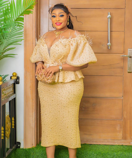 Off-Shoulder Embellished Peplum Feathered Dress: Wedding Guest Mother of The Bride Birthday Cocktail Party