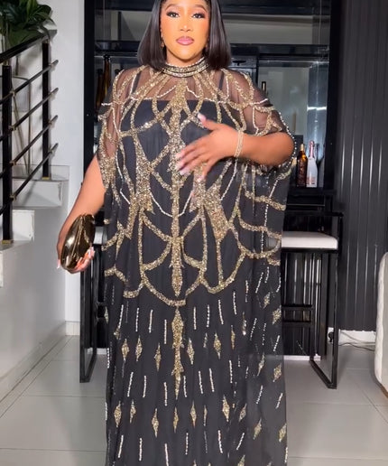 Gold Embellished Kaftan Dress, Nigerian Wedding Guest Dress Beaded African Bubu Mother of The Bride Outfit, One Size
