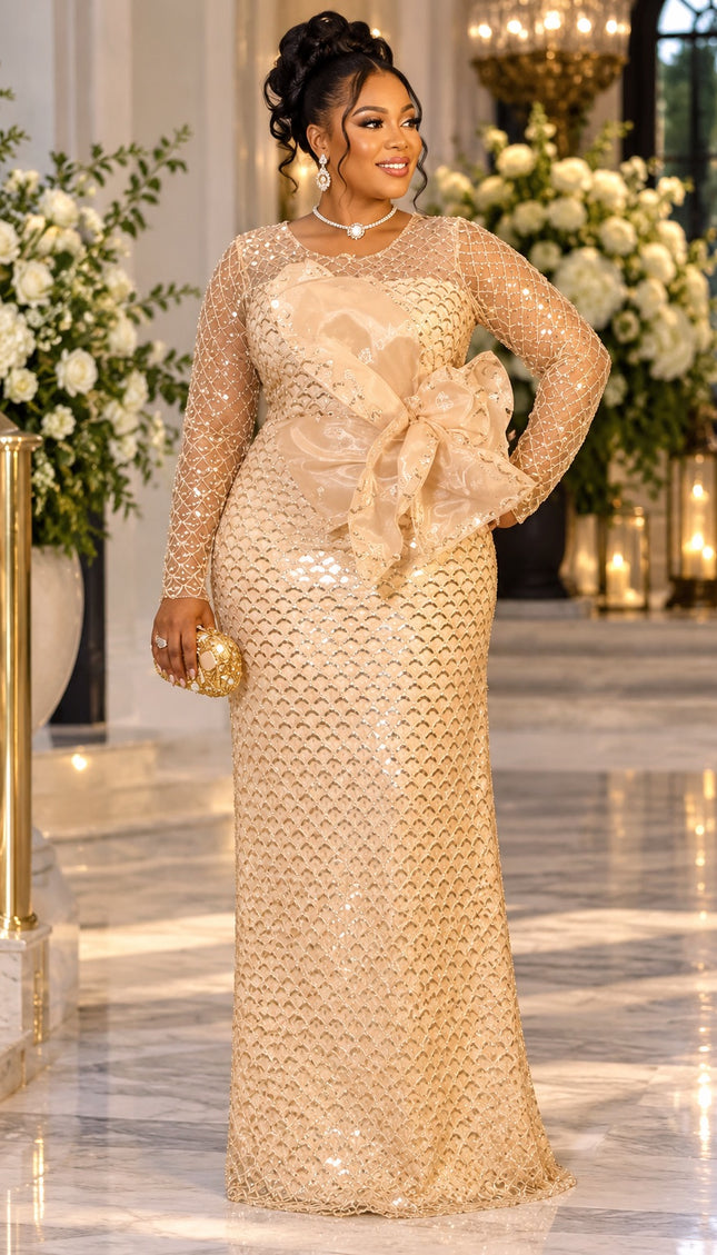 "Too Glam To Handle" Black Sequin Formal Evening Gown with Statement Organza Bow for Mother of The Bride Wedding Guest Holiday Cocktail Reception Celebrant Birthday Party Plus Size