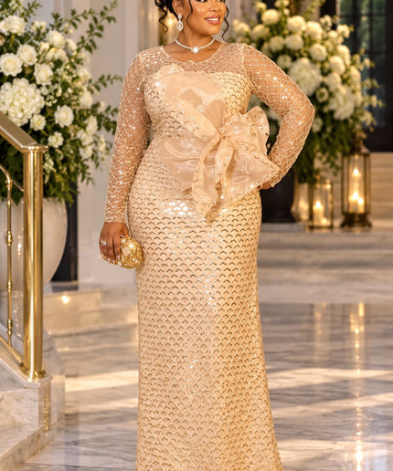 "Too Glam To Handle" Gold Sequin Formal Evening Gown with Statement Organza Bow for Mother of The Bride Wedding Guest Holiday Cocktail Reception Celebrant Birthday Party Plus Size