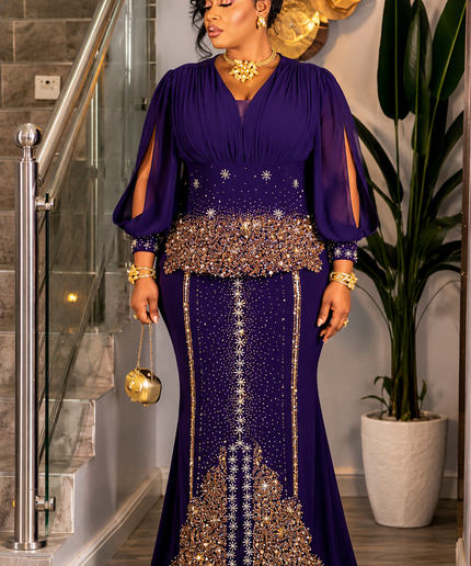 "RSVP Ready" Brown Rhinestone Split Sleeve Maxi Dress for Wedding Guest Cocktail Party Formal Evening Gown Plus Size