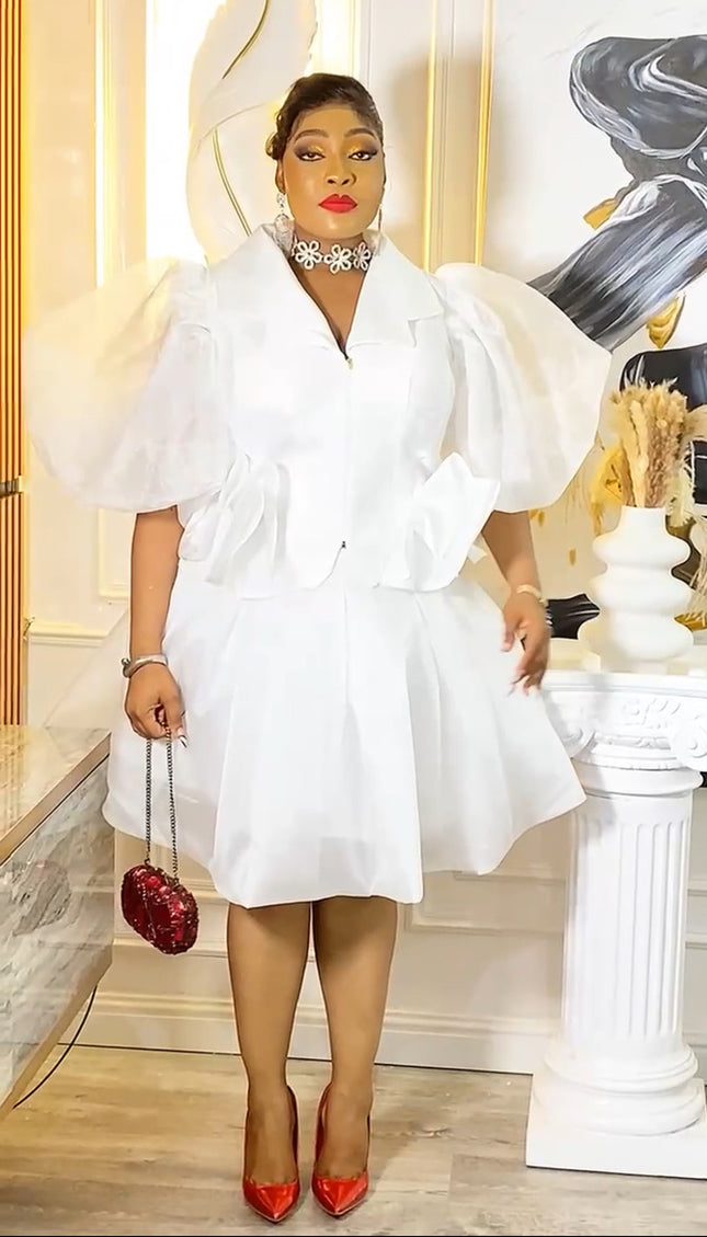 Dramatic Sleeve Top and Skater Skirt | White 2 Piece Outfit