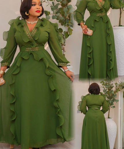 Luxury Green Embellished Ruffle Maxi Dress Summer Wedding Guest Birthday Cocktail Reception Dinner Church Anniversary Party Outfit