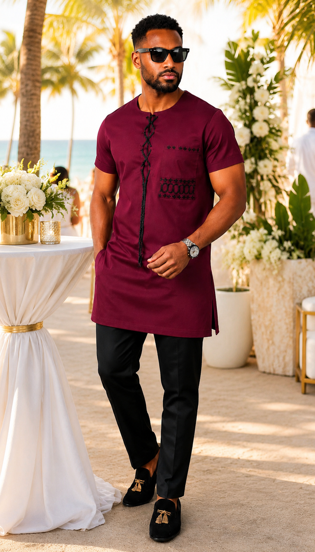 Men's Burgundy Embroidered Cotton Short Sleeve Shirt & Pants, African Wedding Guest Groom Groomsmen Father of The Bride Attire Engagement Ceremony Birthday Party Outfit