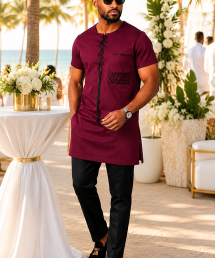 Men's Burgundy Embroidered Cotton Short Sleeve Shirt & Pants, African Wedding Guest Groom Groomsmen Father of The Bride Attire Engagement Ceremony Birthday Party Outfit