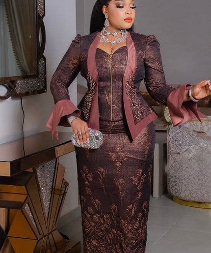 Eye-Catching Yellow Brocade Embellished Skirt Set Split Bell Sleeve Suit for Mother of The Bride Wedding Birthday Party Outfit