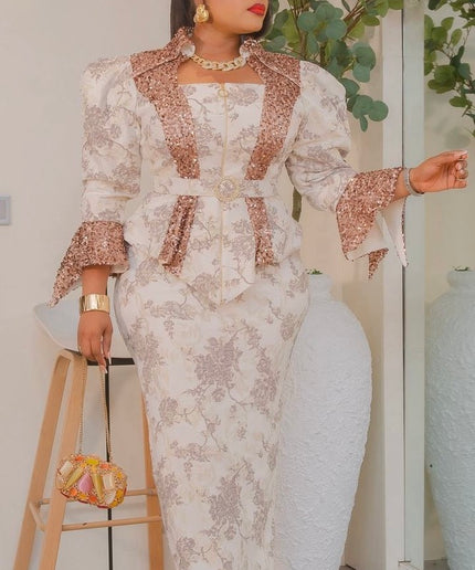 Black Brocade Dramatic Power Shoulder Sequin Top & Skirt 2-Piece Outfit, Mother of The Bride Birthday Photoshoot Gala Anniversary