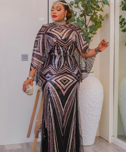 Gold Sequin Embellished Cape Sleeve Maxi Dress for Mother of The Bride Wedding Guest