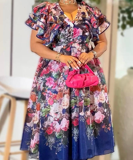 Pink Floral Flutter Sleeve A-Line Wrap Dress for Wedding Guest Birthday Dinner Reception Graduation Party