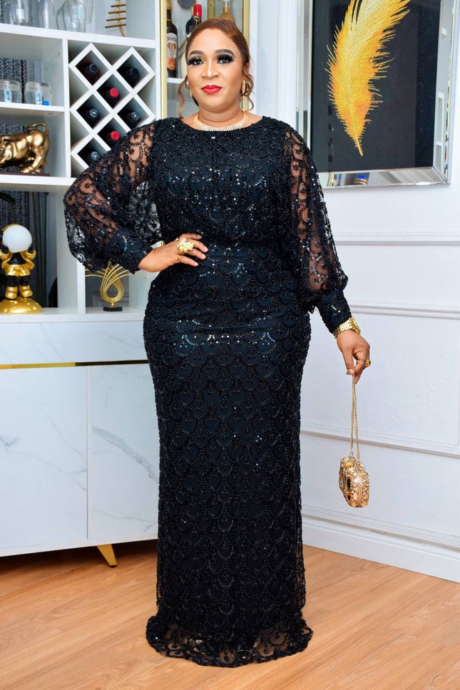 Black Beaded Mother of The Bride Mermaid Gown, Embellished Wedding Guest Dress Floor Length Maxi, anniversary