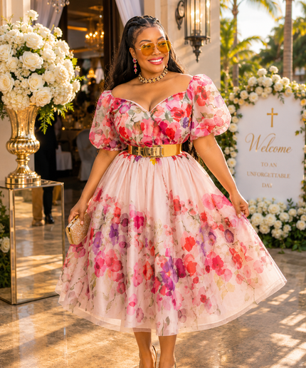 Dramatic Off-The-Shoulder Pink Floral Twirl Skater Midi Dress for Wedding Guest Cocktail Tea Party Birthday Photoshoot Outfit