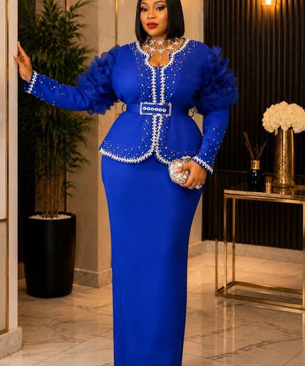 Pink Ruffle Sleeve Rhinestone Embellished 2-Piece Suit Skirt Set, Wedding Guest Mother of The Bride
