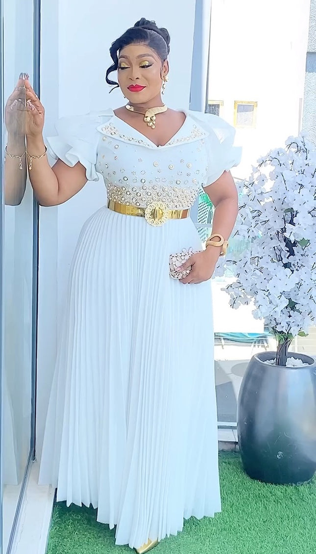Ruffle Sleeve Embellished Pleated Maxi Dress