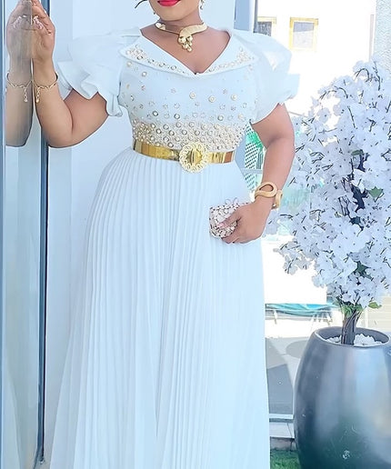 Ruffle Sleeve Embellished Pleated Maxi Dress
